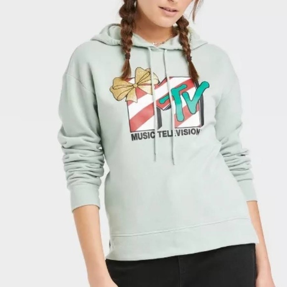 MTV Women Green Music Television Christmas Holiday Hoodie Sweatshirt Top XS NWT - Picture 1 of 8